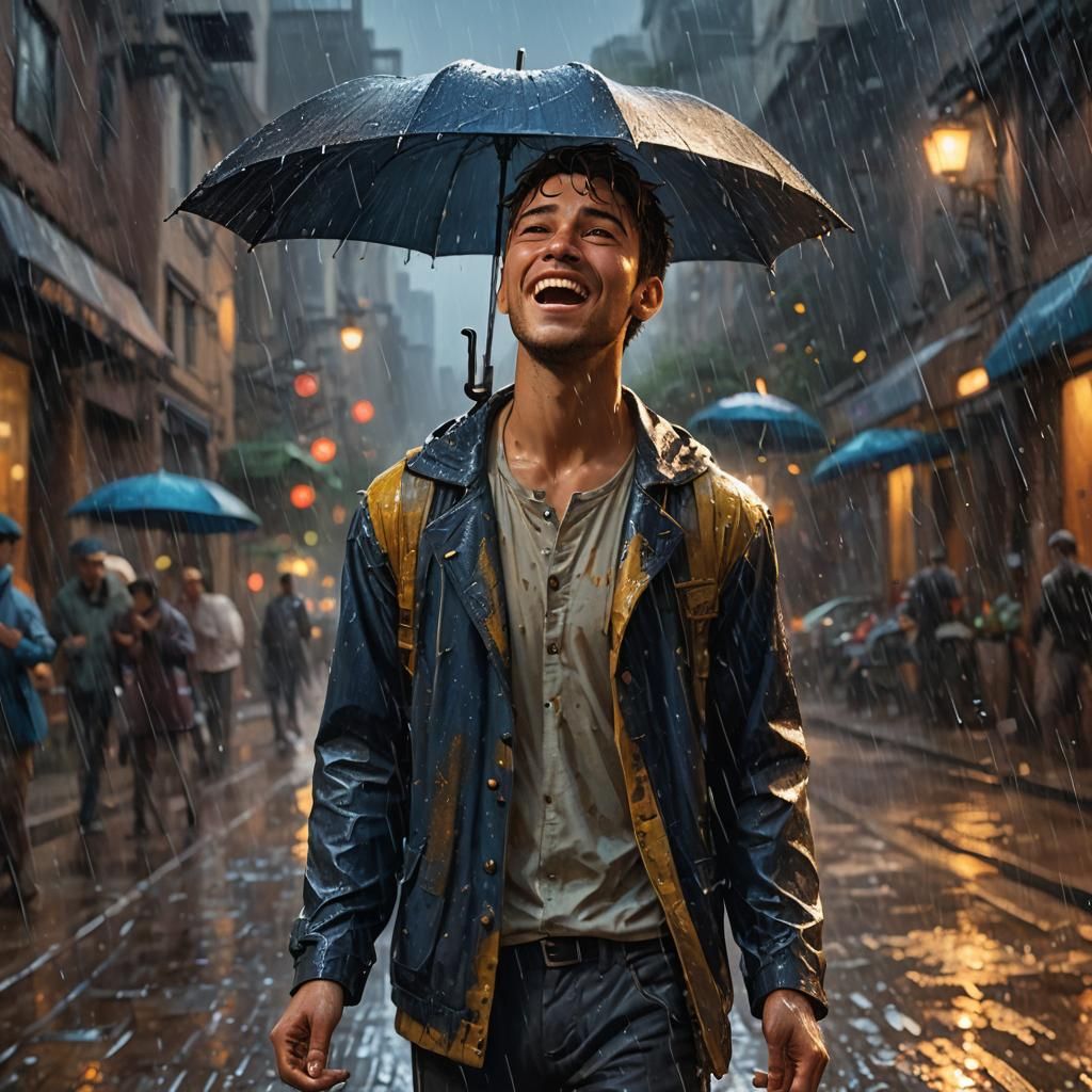 Young Man Singing in Rain: Fantasy Concept Art