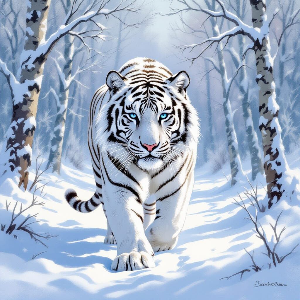 White Tiger in Snowy Forest, Wildlife Art Style