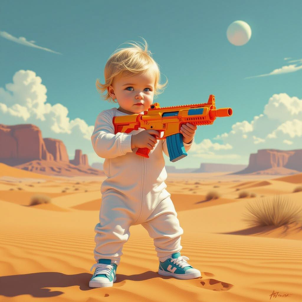 Hyper-Realistic Infant with Toy Gun in Desert