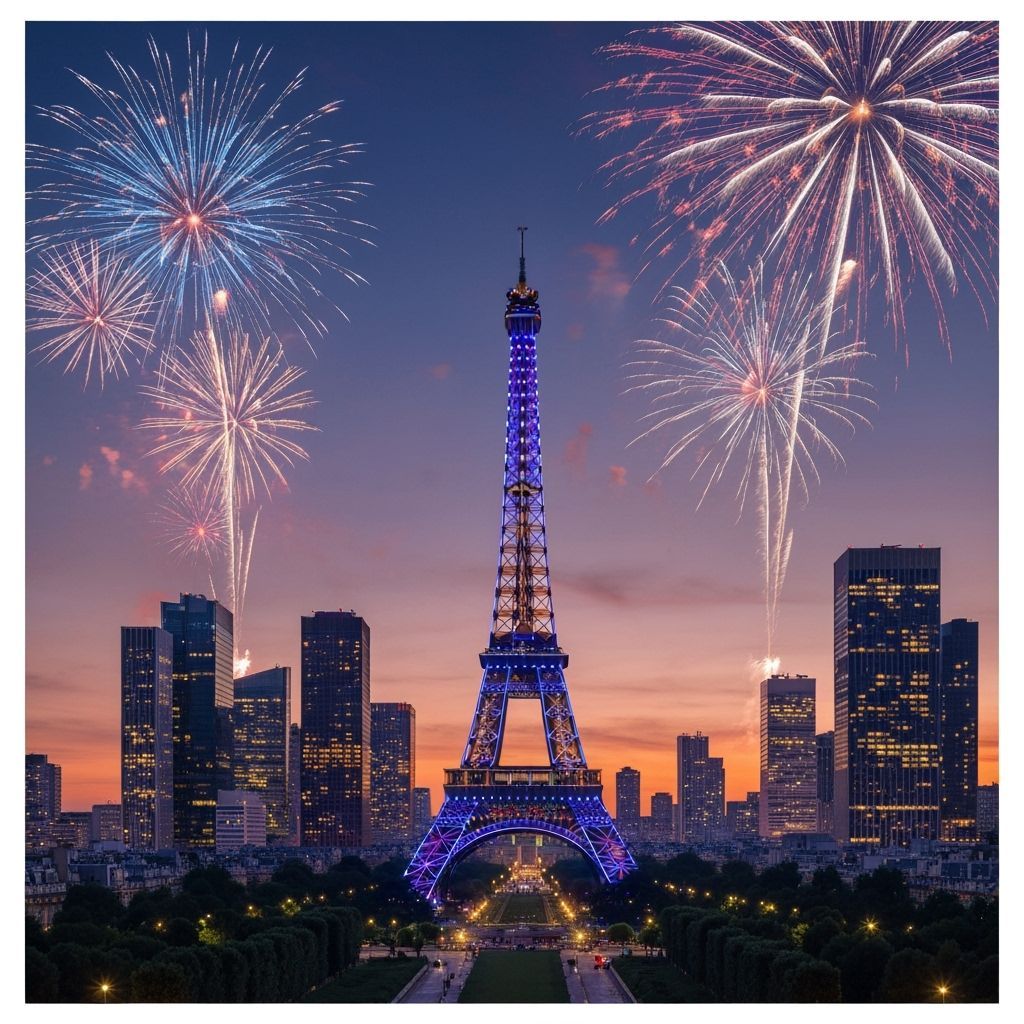 Eiffel Tower Fireworks Display at Night