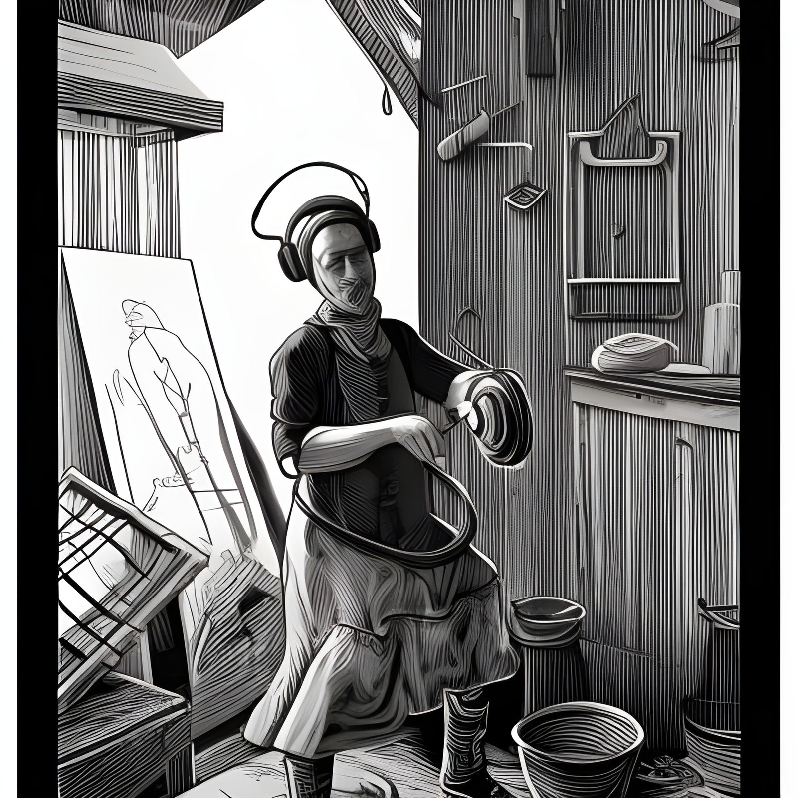 Architect Forging Keys: Black and White Linocut Portrait