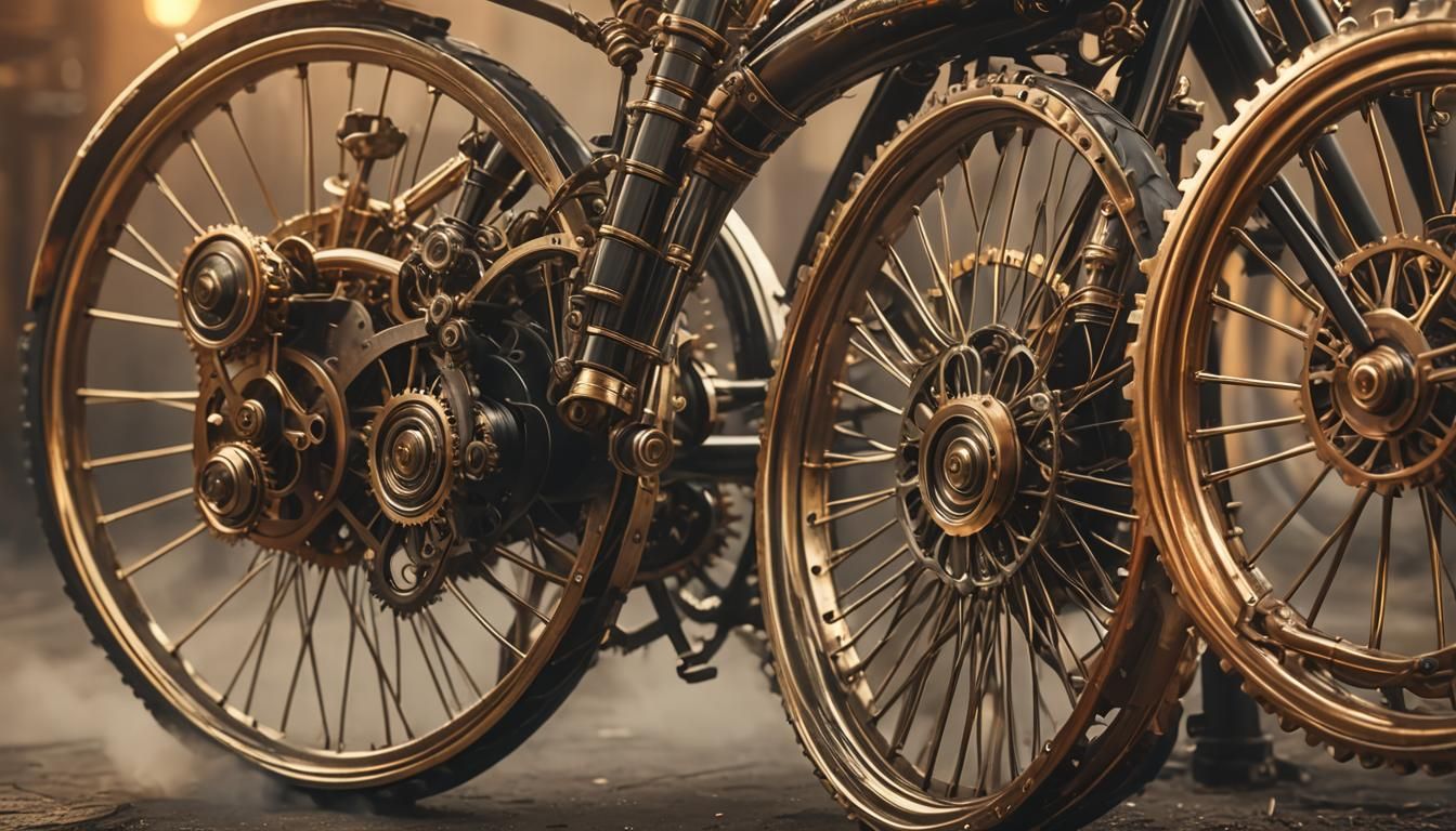 Crear una imagen bicicletas de vapor, steampunk. 8K 3D 8k resolution Unity 3D filmic photoillustration, movimiento, humo...