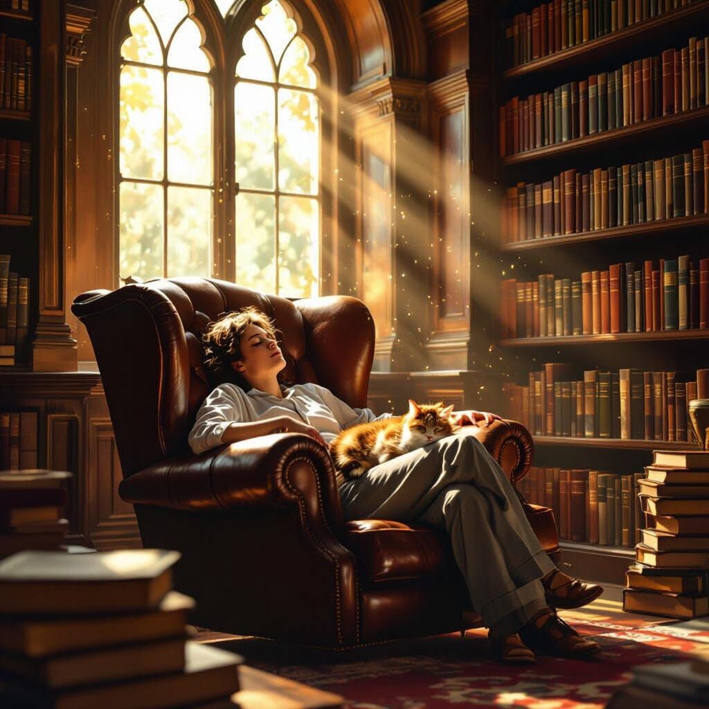 Peaceful Slumber in a Sunlit Library with a Sleeping Cat