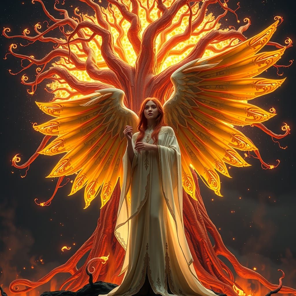 Angel Before Burning Yggdrasil in Dark Fantasy Style