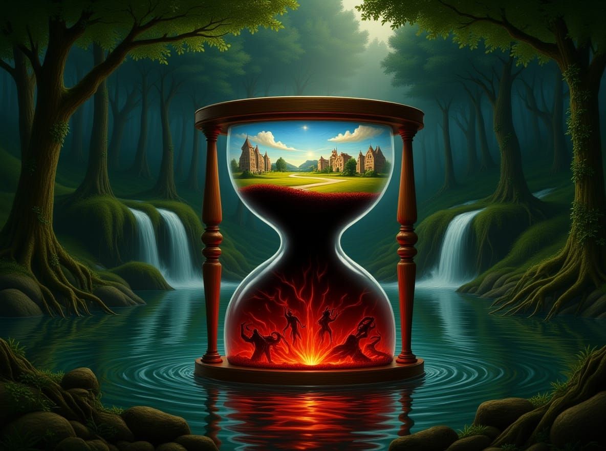 Hourglass Between Heaven and Hell in Digital Art Style