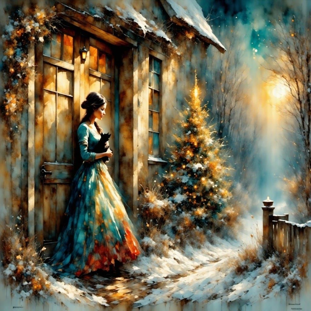 Christmas Elf with Kitten in Cozy Cottage