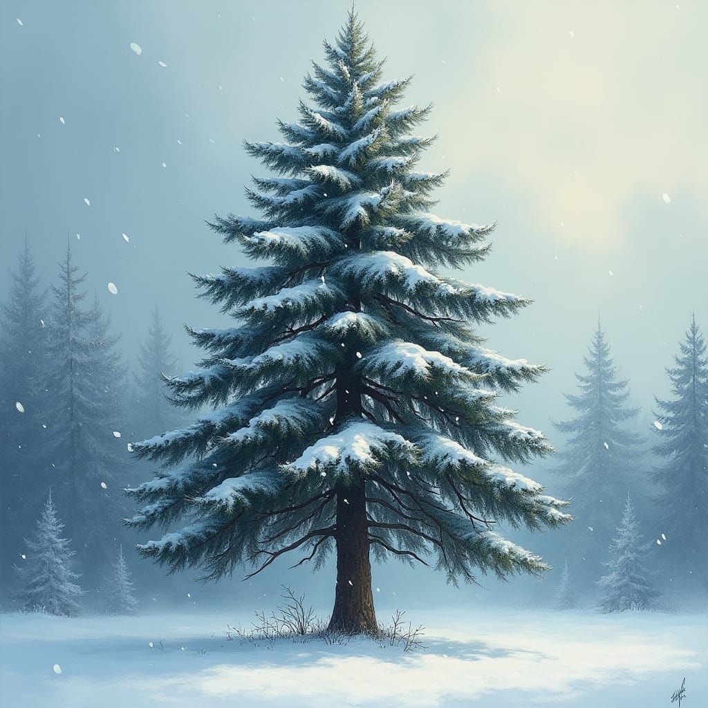 Snowstorm Scene of a Solitary Pine Tree