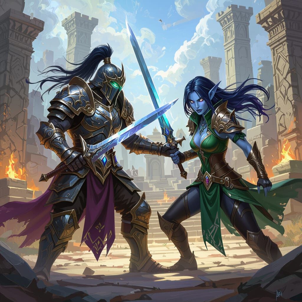 Human Warrior and Night Elf Clash in Coliseum