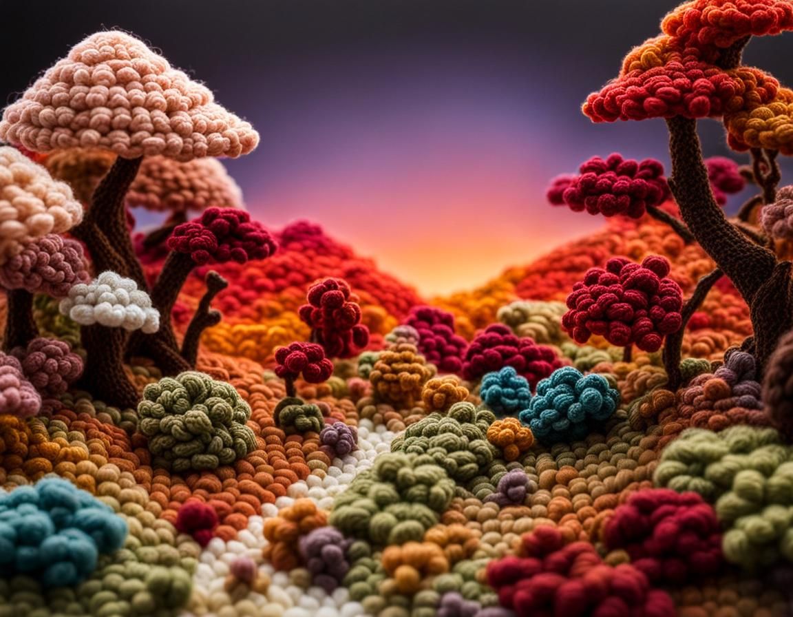 Miniature Crochet Fantasy Landscape in Vibrant Colors