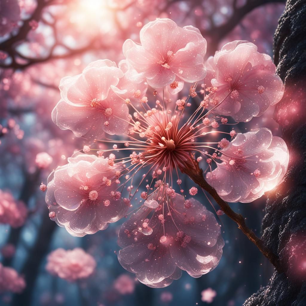Sakura Flower Close-Up, Fantasy Illustration with Magic