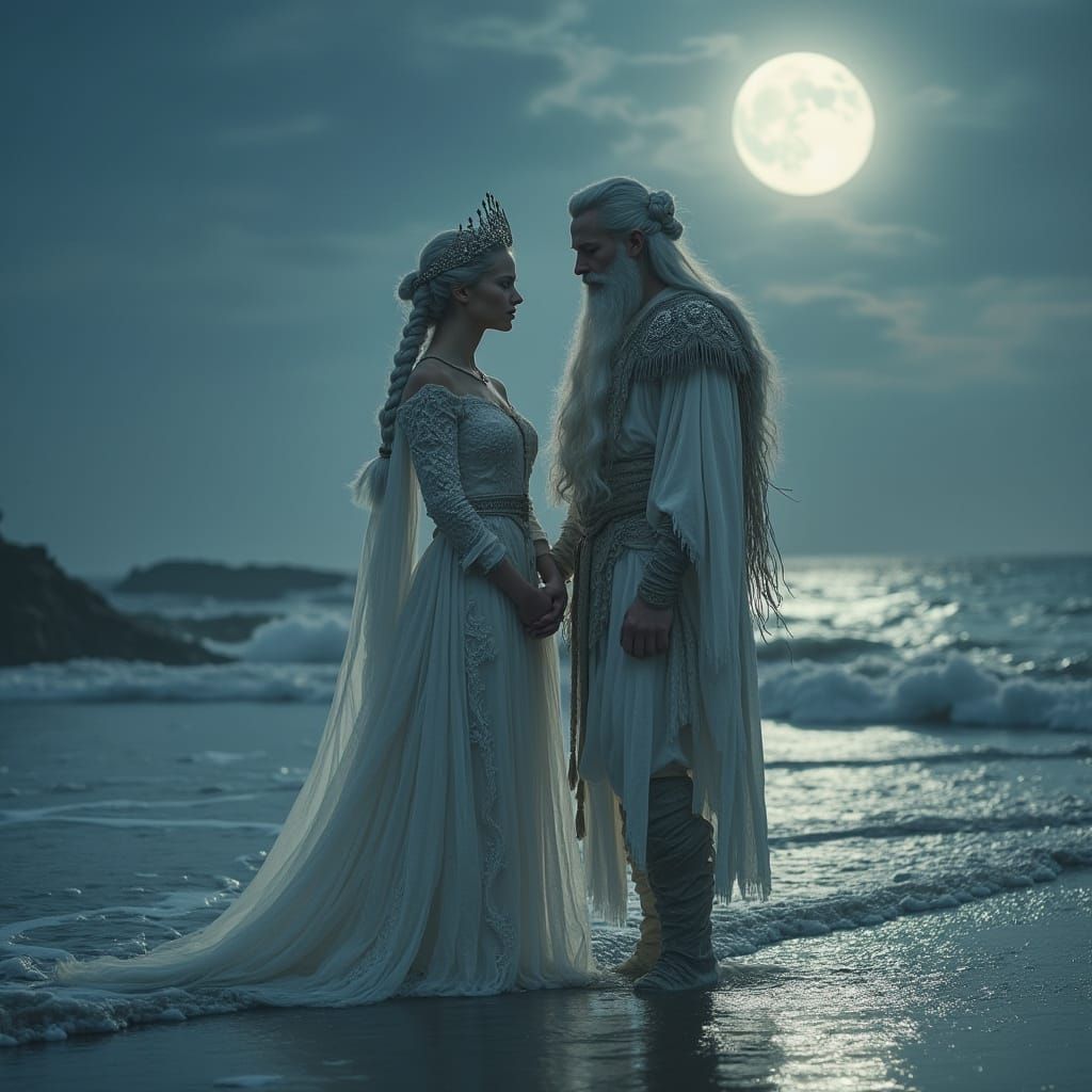 Freyja and Njord on Moonlit Shore