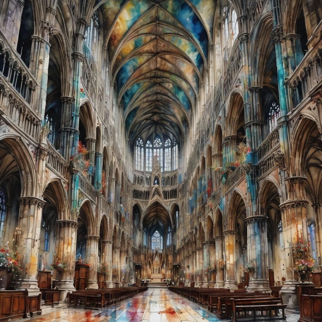 Amiens Cathedral Interior in Watercolor and Ink