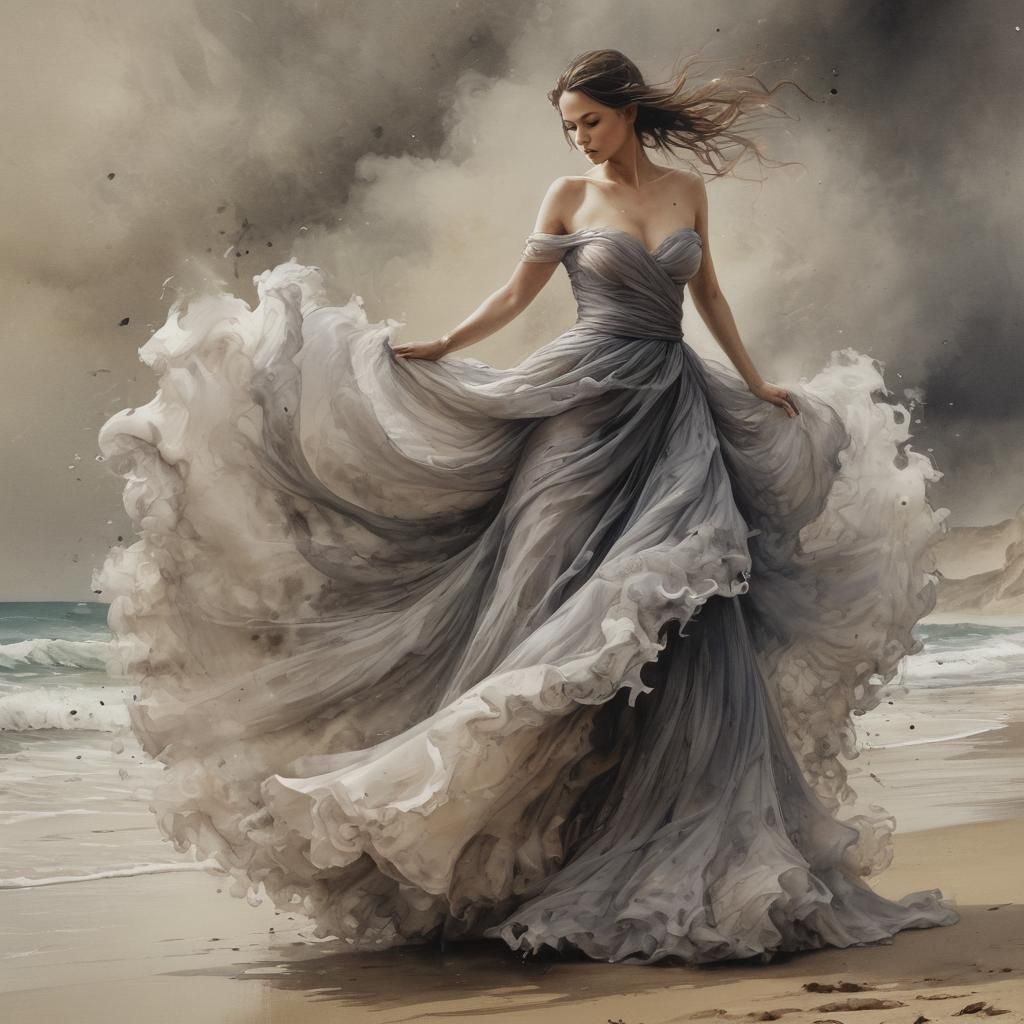 Dancing Figure in Flowing Dress on Twilight Beach