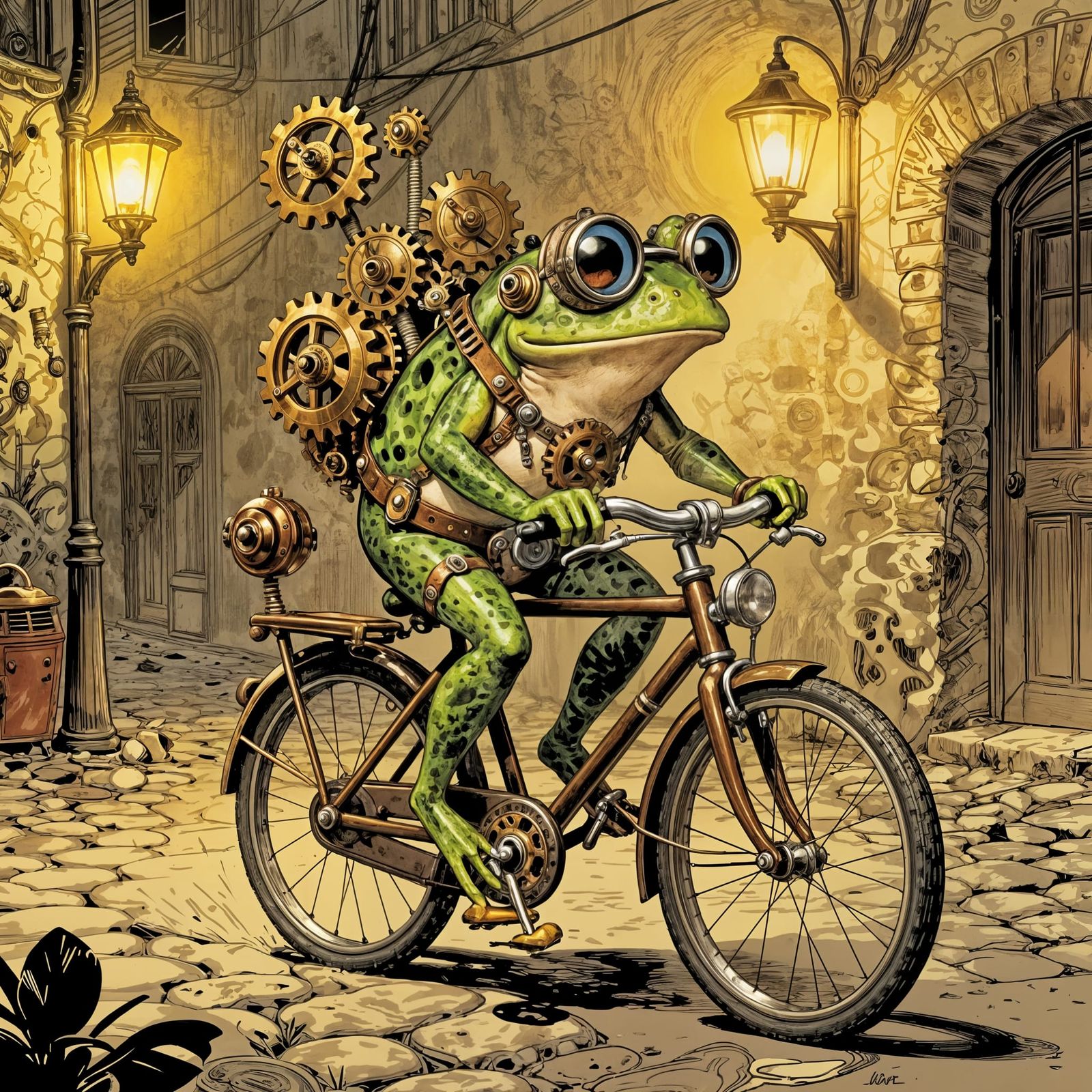 Steampunk Frog Cycles Through Whimsical Landscape