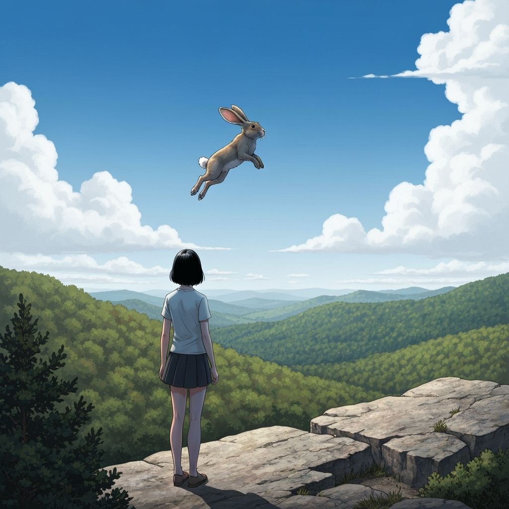 Girl Watches Flying Rabbit Over Valley in Comic Art Style