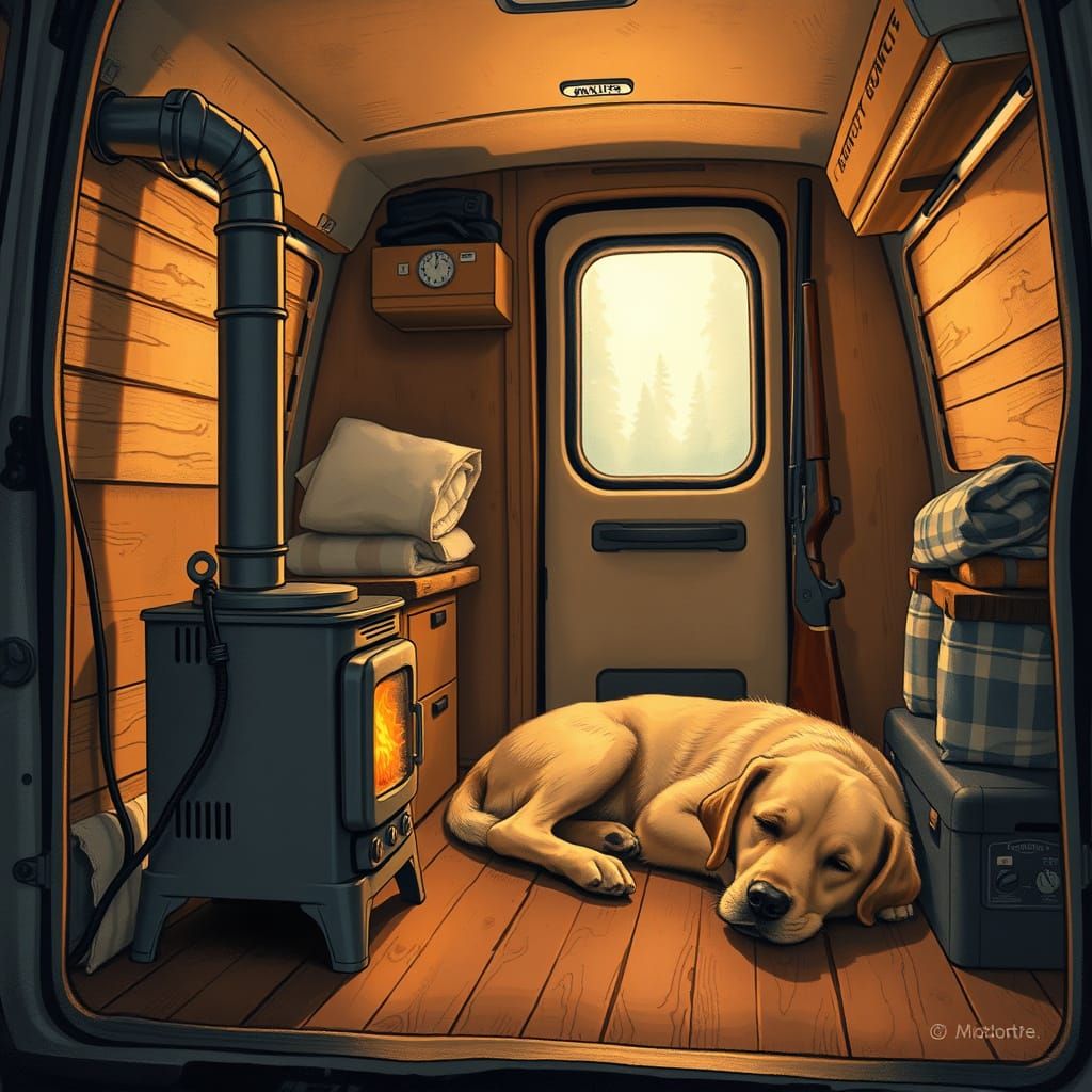 Cozy Vanlife Scene with Dog and Stove