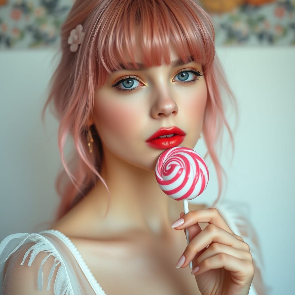 Pastel Dream Girl Enjoys Sweet Treat in a Soft, Whimsical St...