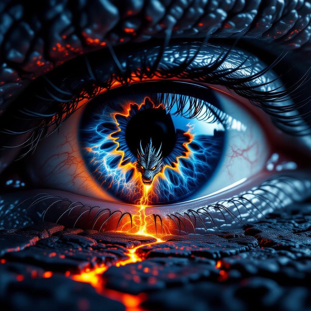 Hyperrealistic Macro Eye: Dragon Reflection in Ice Blue Iris