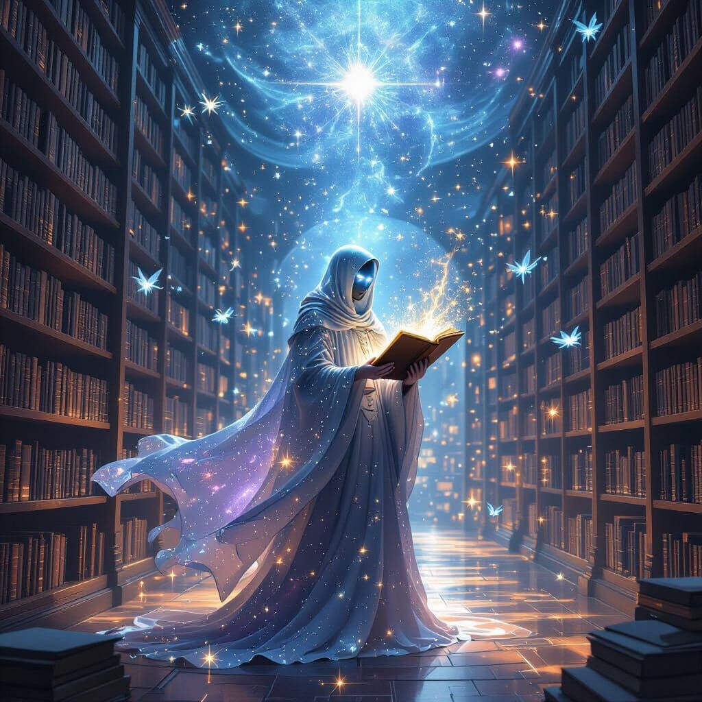Celestial Being in Cosmic Library, Nebula Robes, Starlight C...