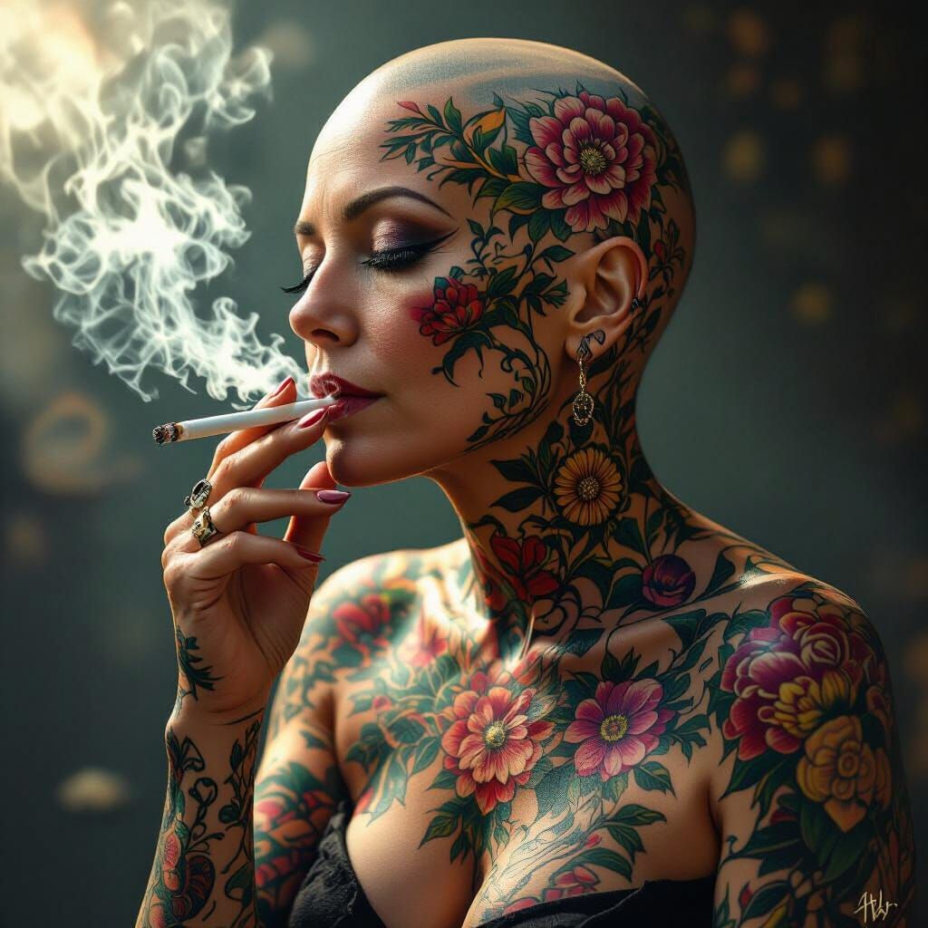 Bald Woman with Tattooed Flora and Fauna Smoking