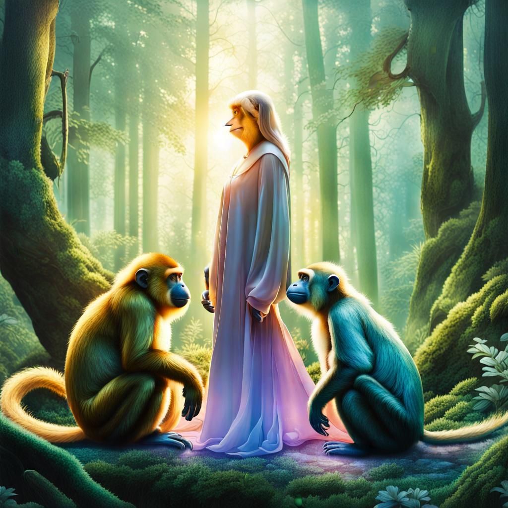 Majestic Ladies Guarding a Stone in a Forest