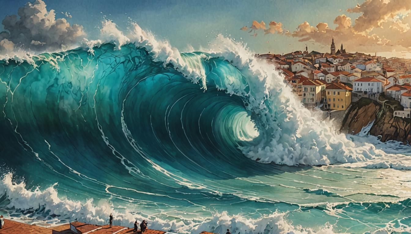 Giant Wave About to Engulf Coastal Village