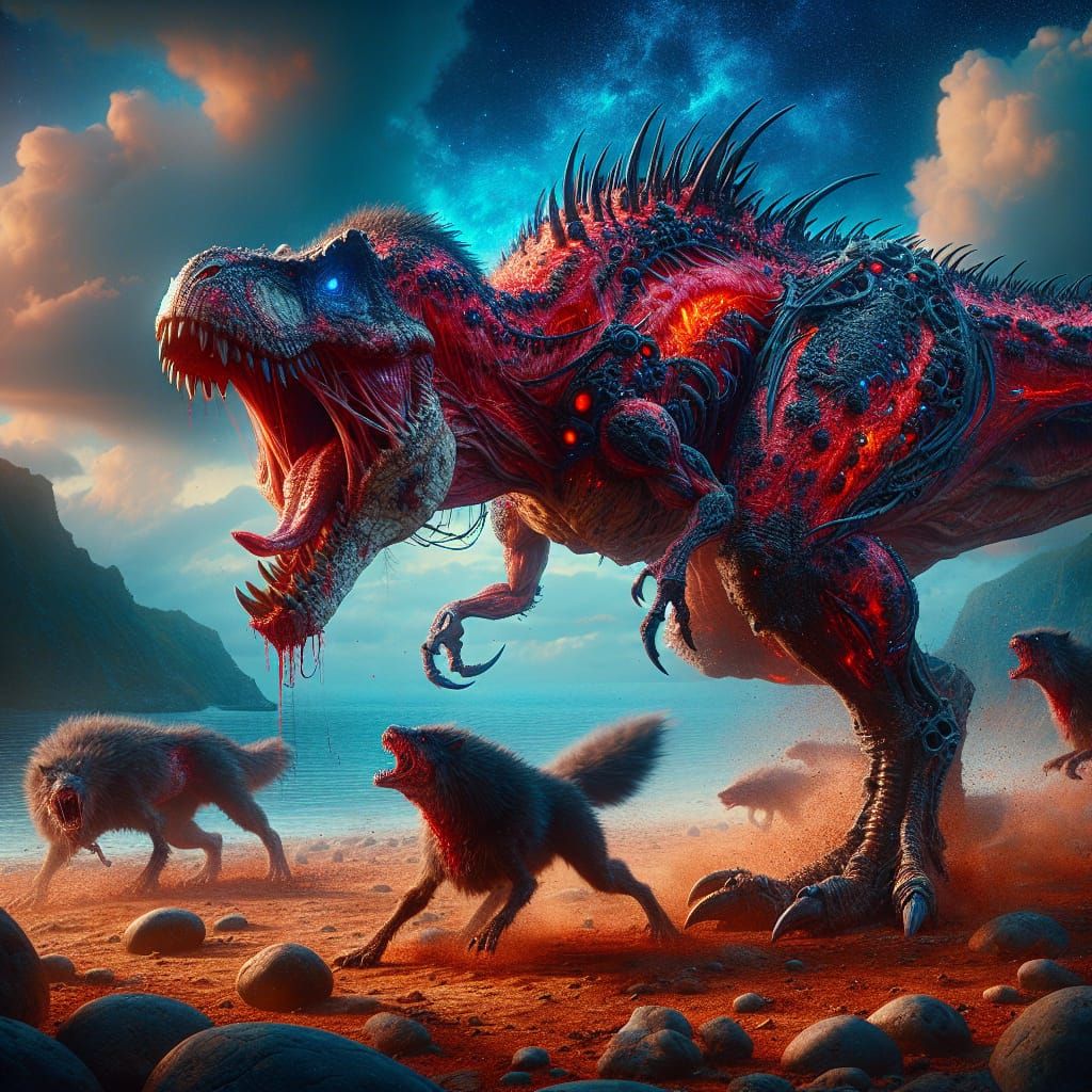 Mutated T-Rex Battles Werewolves in Fantasy Landscape