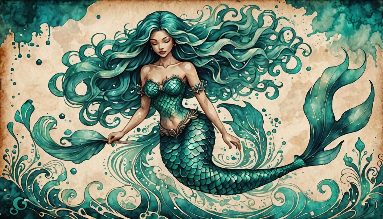 Teal Mermaid Illustration on Parchment in Vintage Style