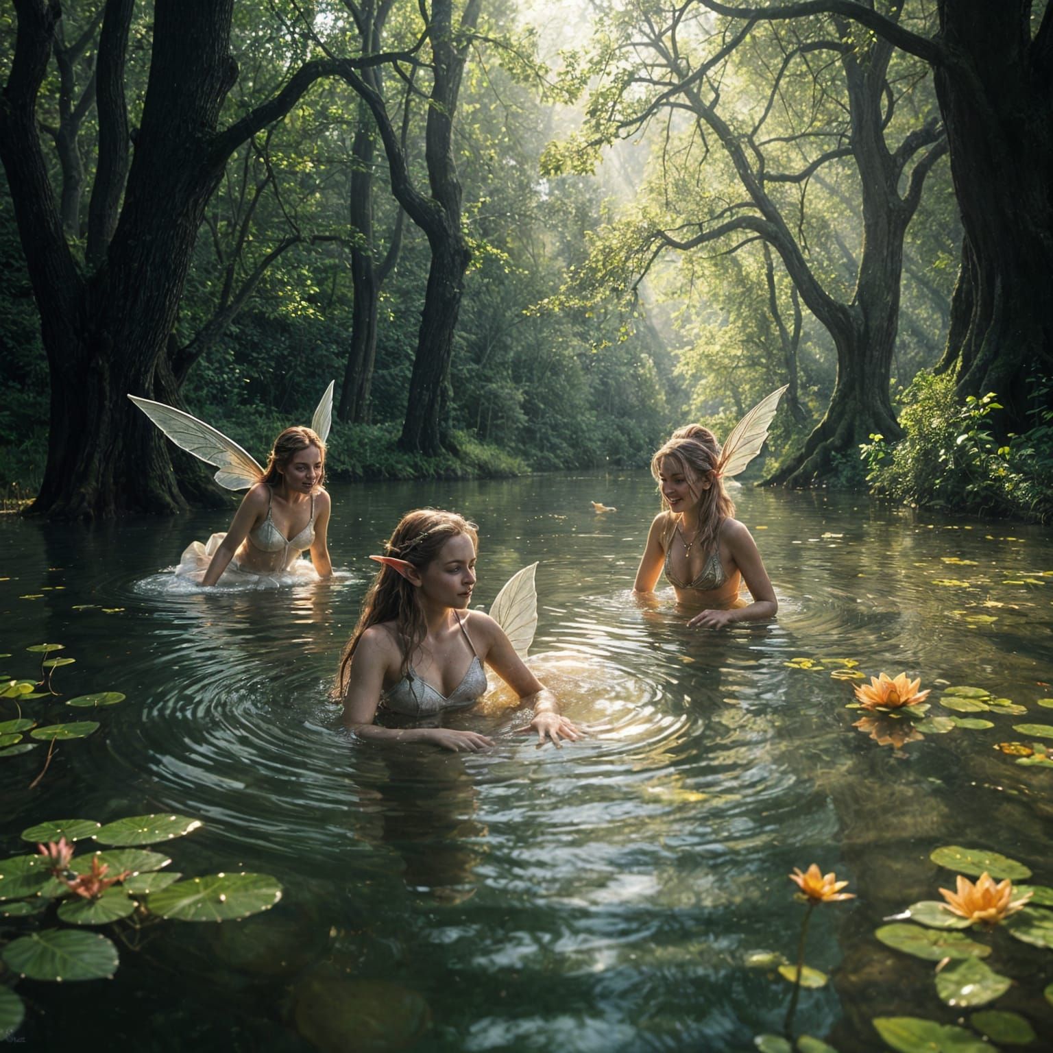 Elves Swimming Happily in Forest Pond