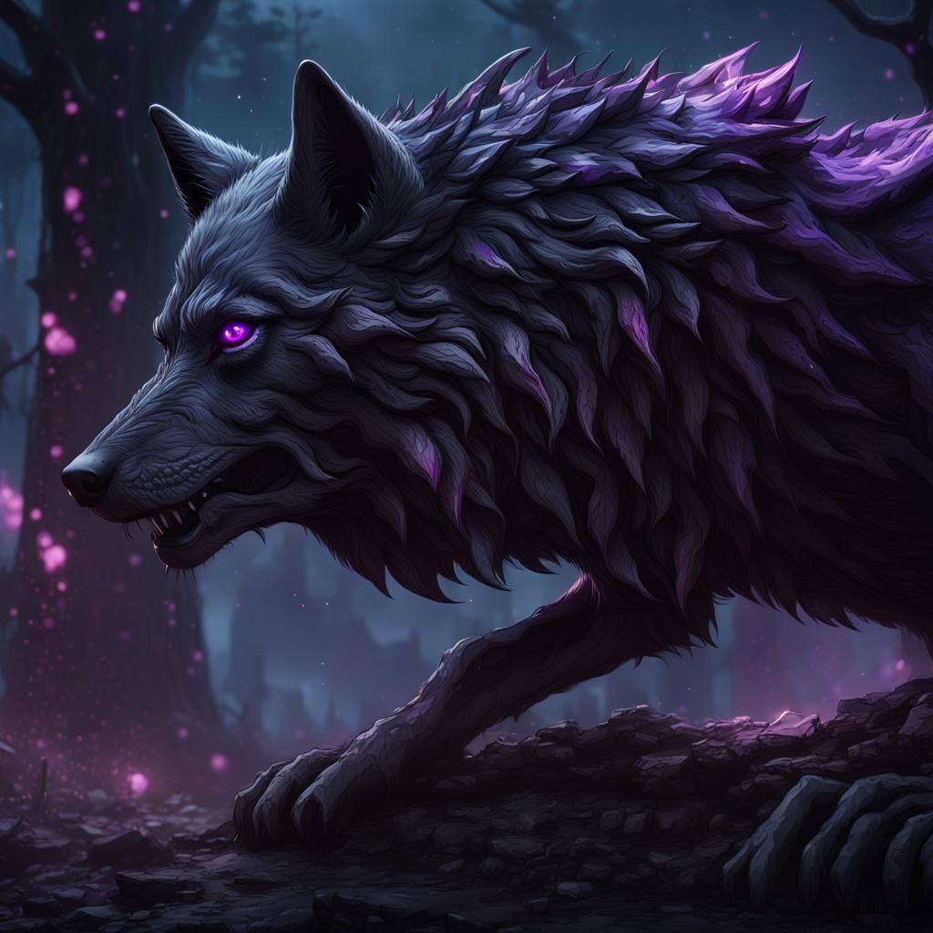 Black Wolf King with Purple Eyes in Night
