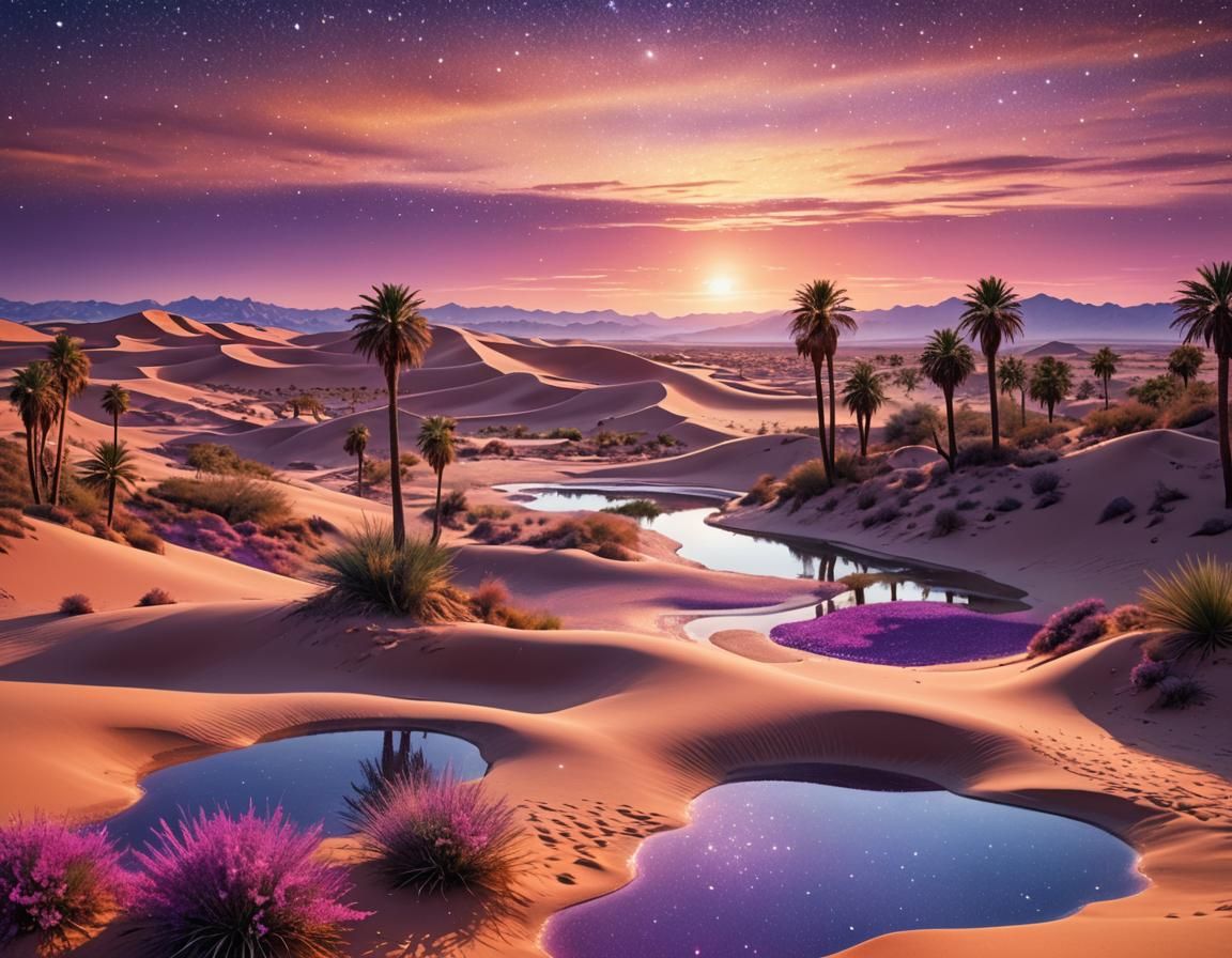 Desert Oasis Sunset: Surreal Hyperdetailed Art