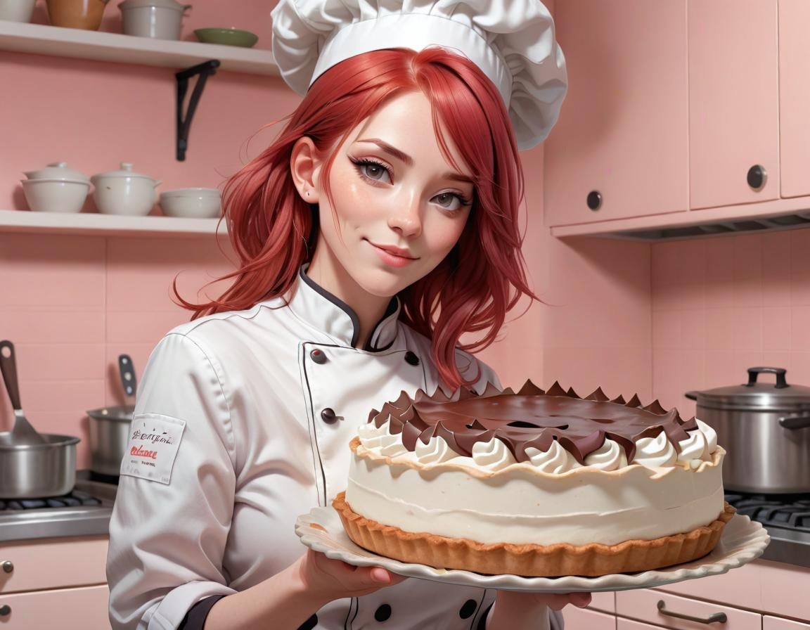 Chef Queen with Chocolate Pie in Manga Style