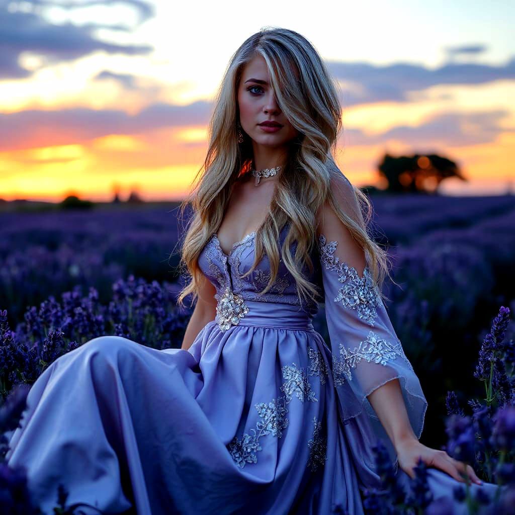 Ethereal Woman in Lavender Field: Art Nouveau Style