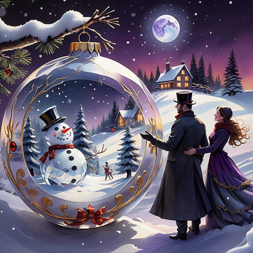 Crystal Christmas Ornament Scene in Whimsical Snowy Wonderla...