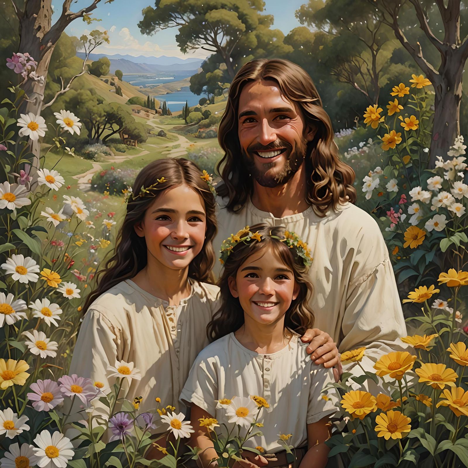 Jesus Christ with Children in Oil Painting Style