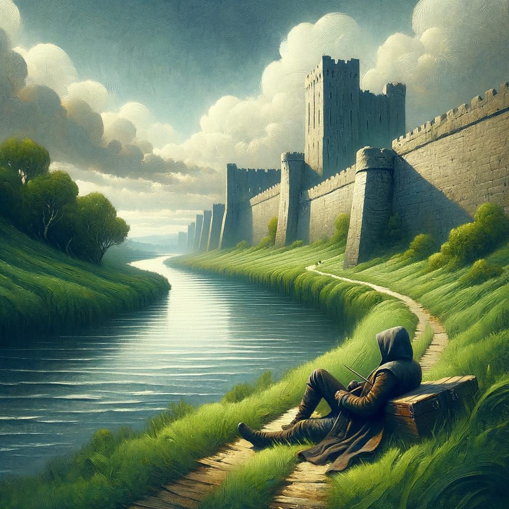 Riverside Path to Ancient Wall in Watercolor Impressionism