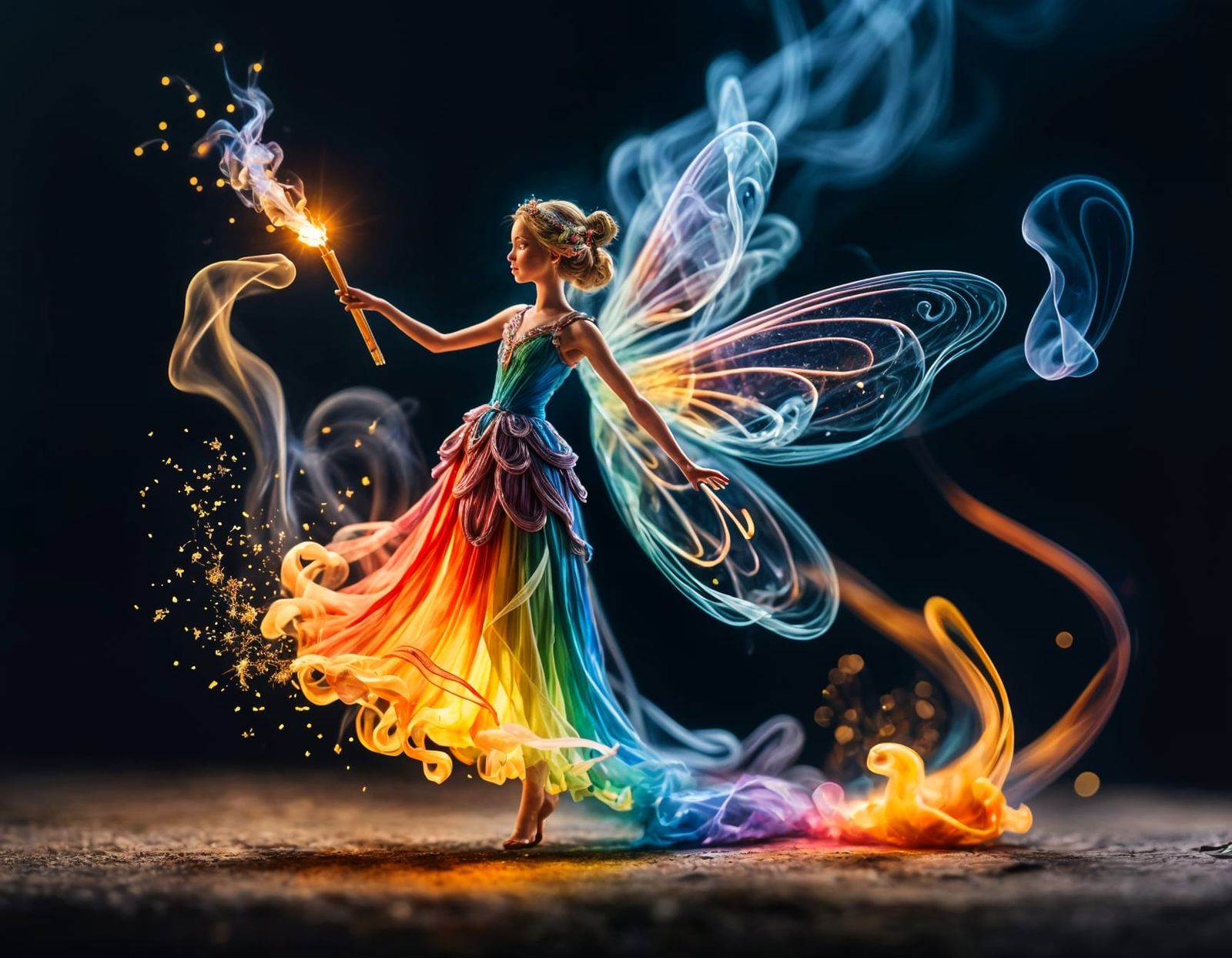 Rainbow Smoke Fairy on Matchstick, Macro Photography