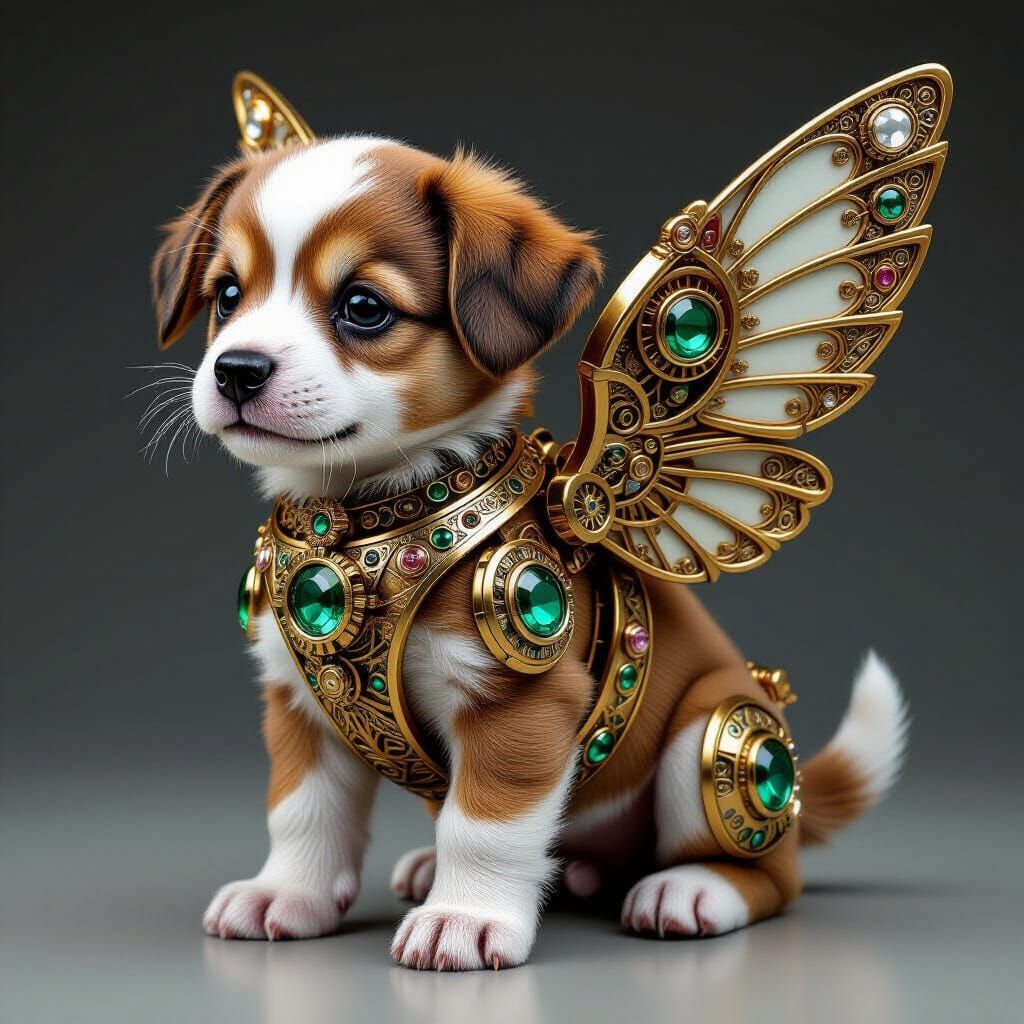 Puppy with Clockwork Wings in Art Deco Style