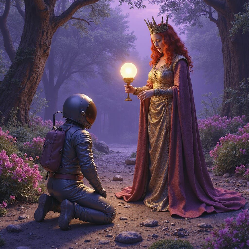 Astronaut Kneels Before Majestic Redhaired Queen in Alien Pu...