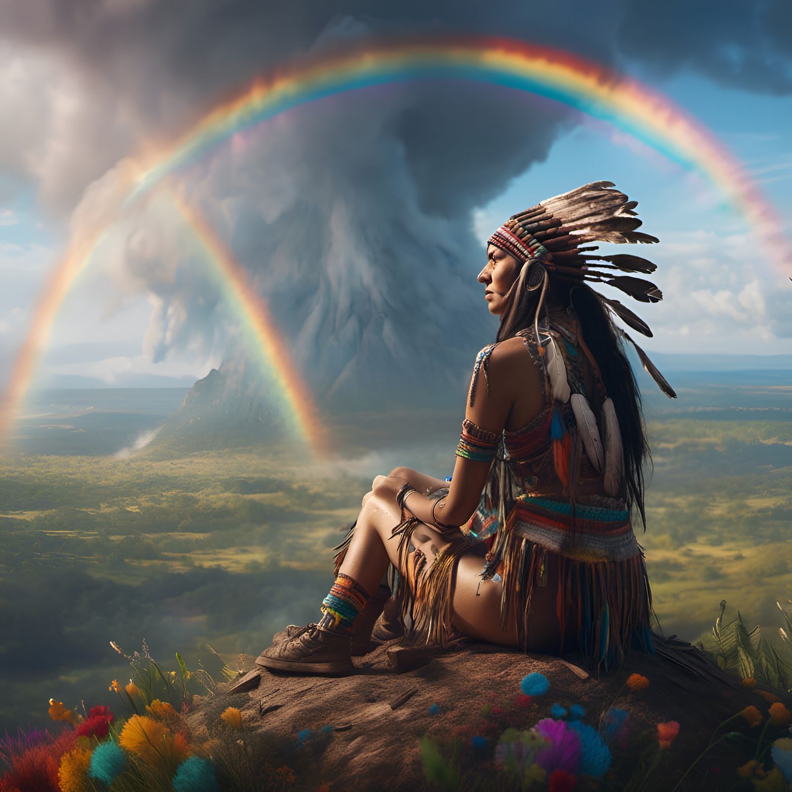 Woman in Native American Dress with Rainbow
