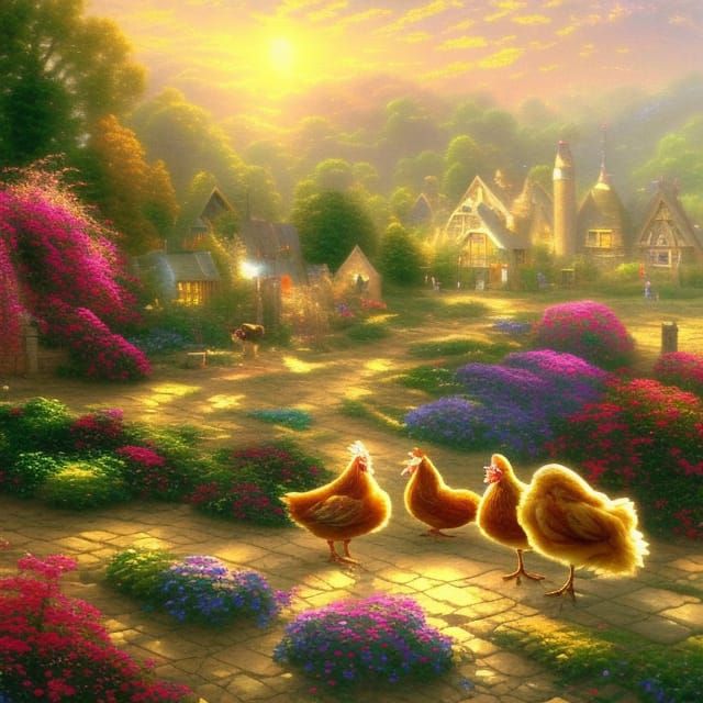 Golden Rooster and Hen with Chicks in Ethereal Farm