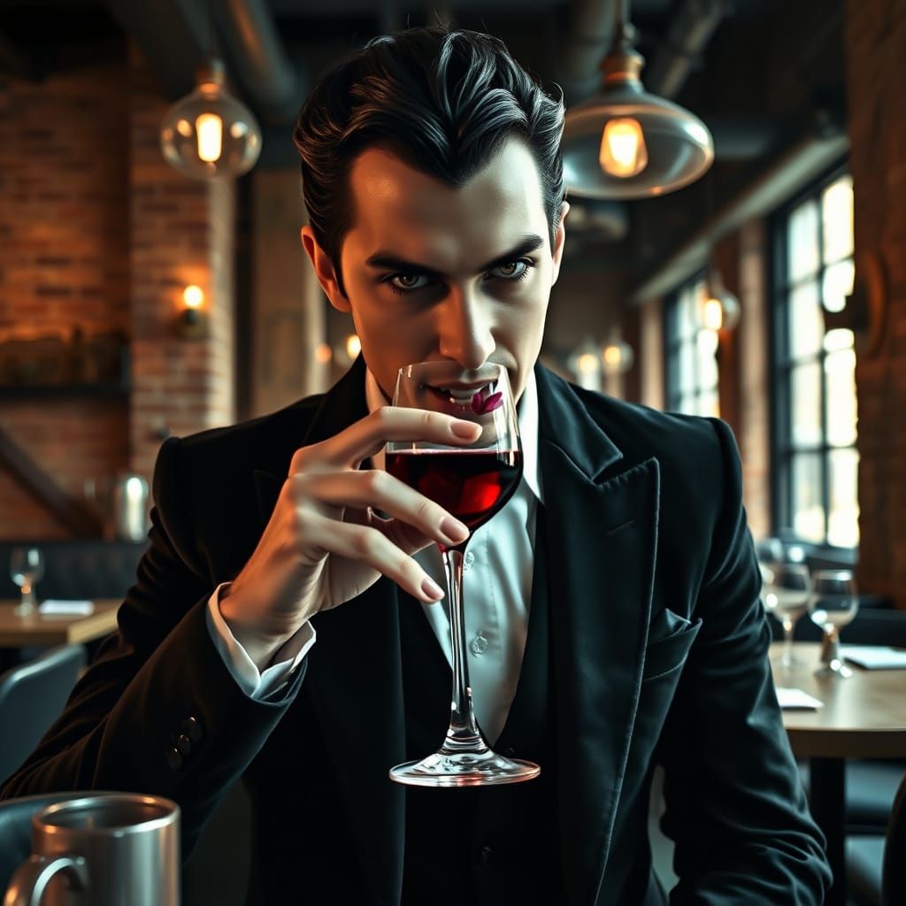 Gothic Vampire Sips Artisanal Blood in Dark, Chic Cafe