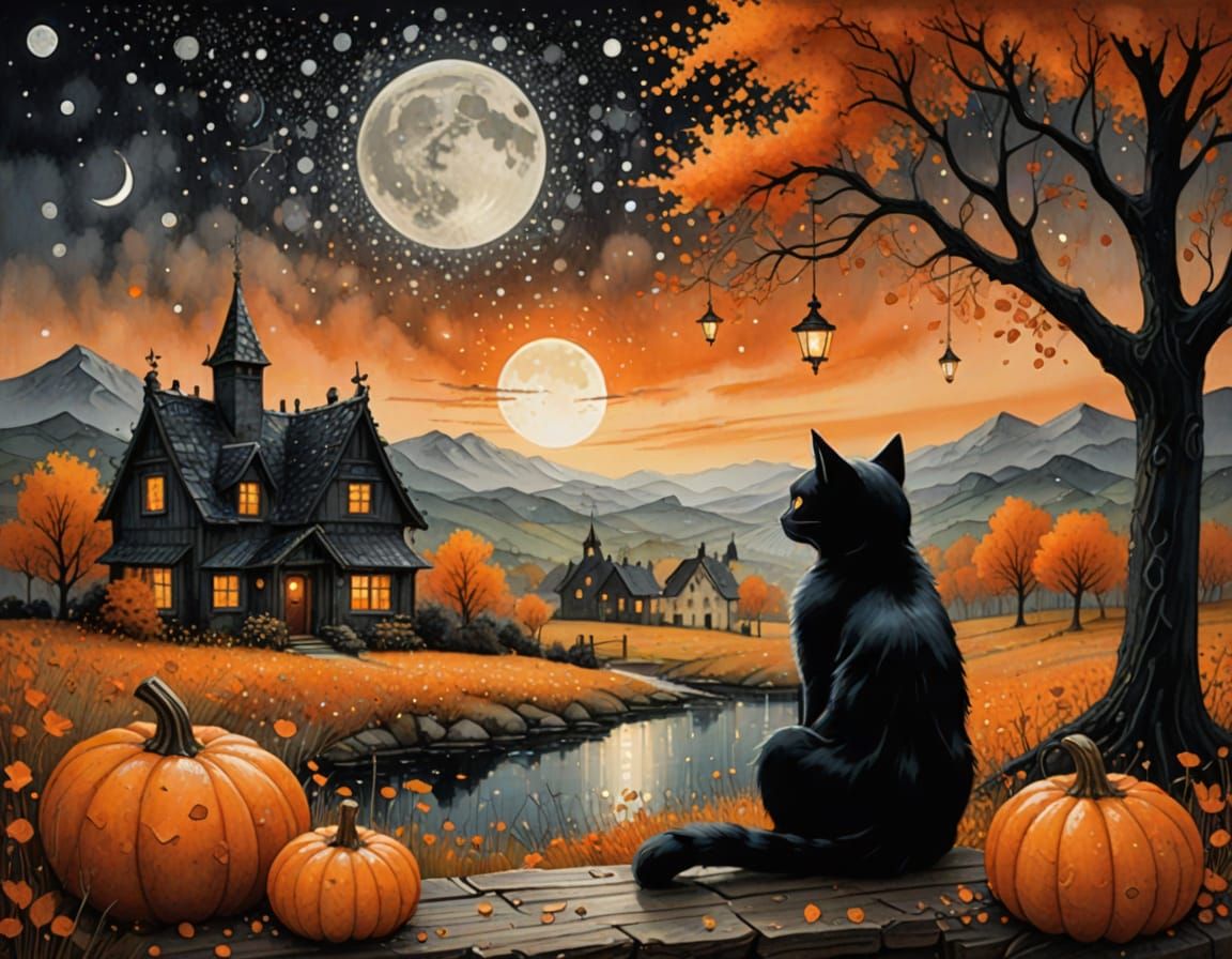 Cozy Autumn Night Fairy Tale Cottage with Black Cat