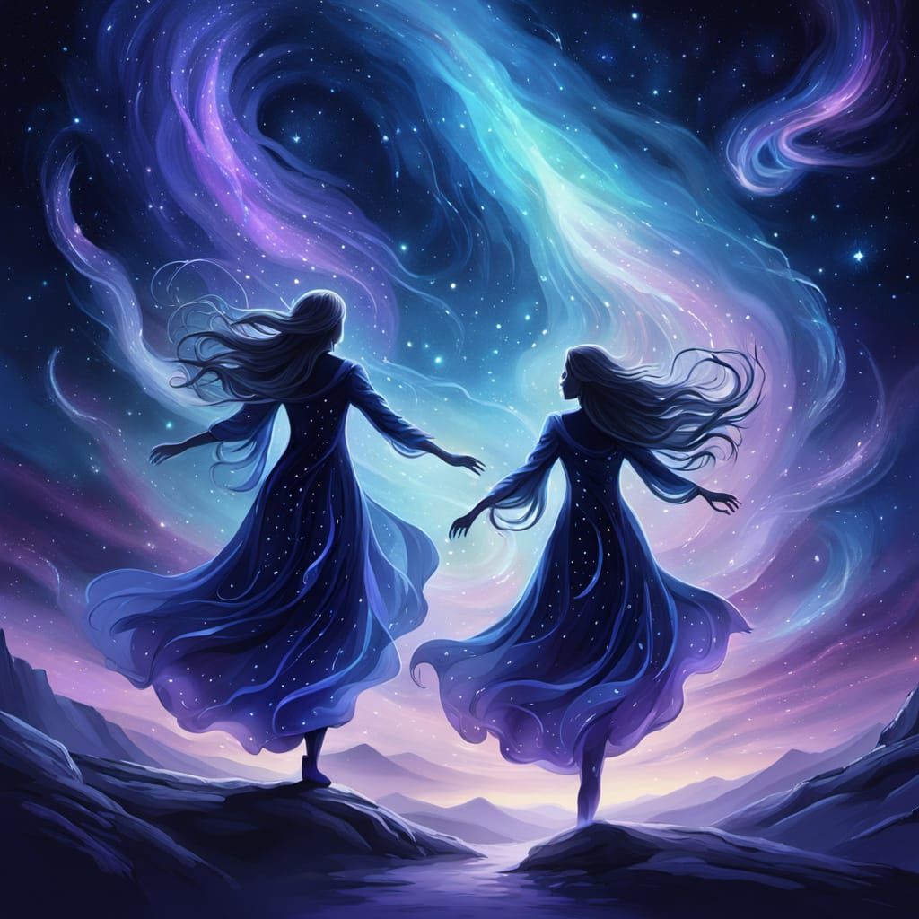 Ethereal Beings of Light Dance in Cosmic Night Sky
