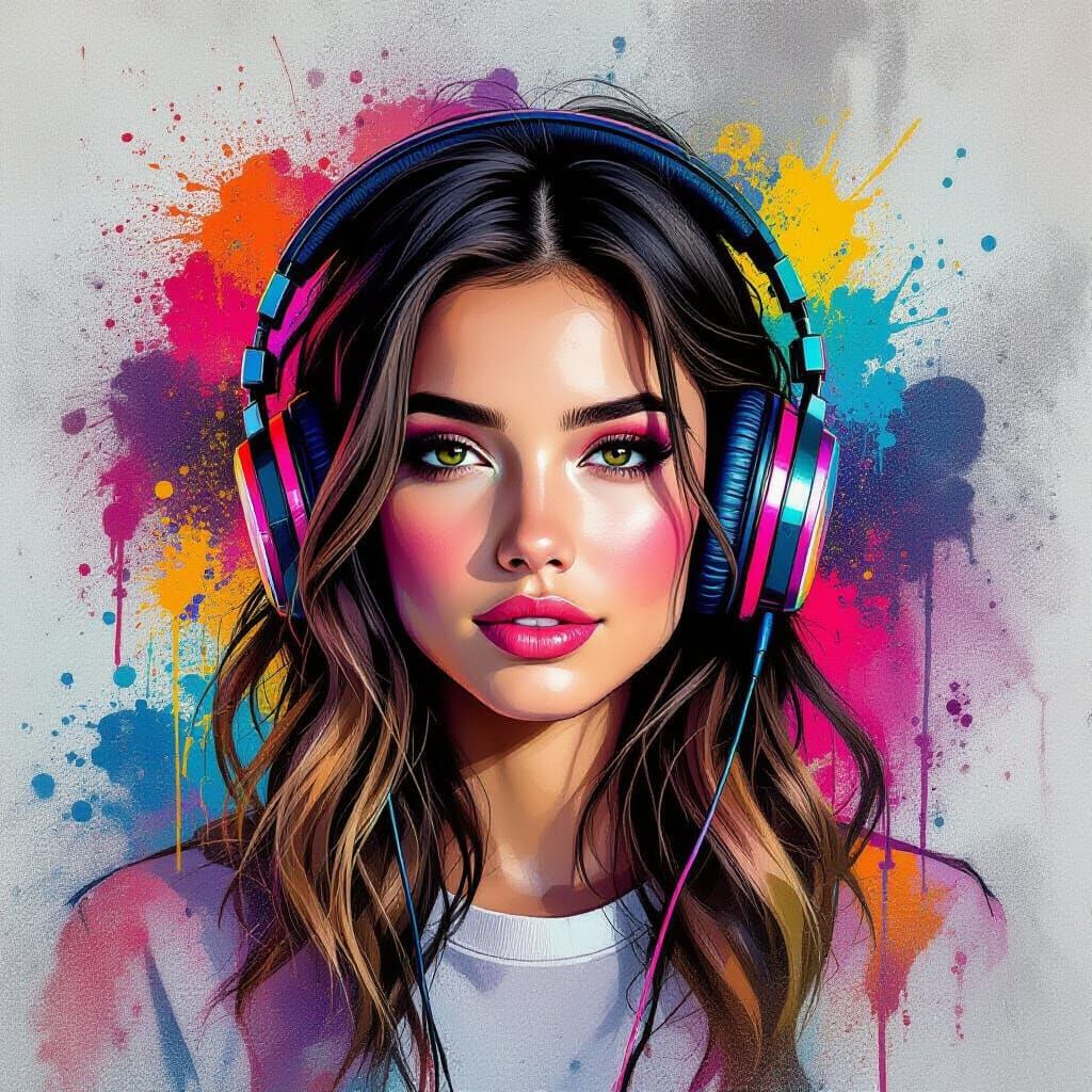 Woman Listening to Music in Graffiti Street Art Style