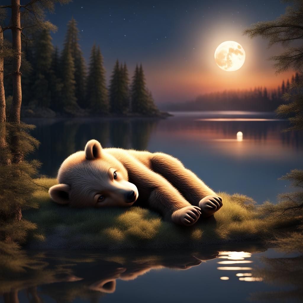 Sleeping Bear Cub in Moonlit Forest: 3D Render