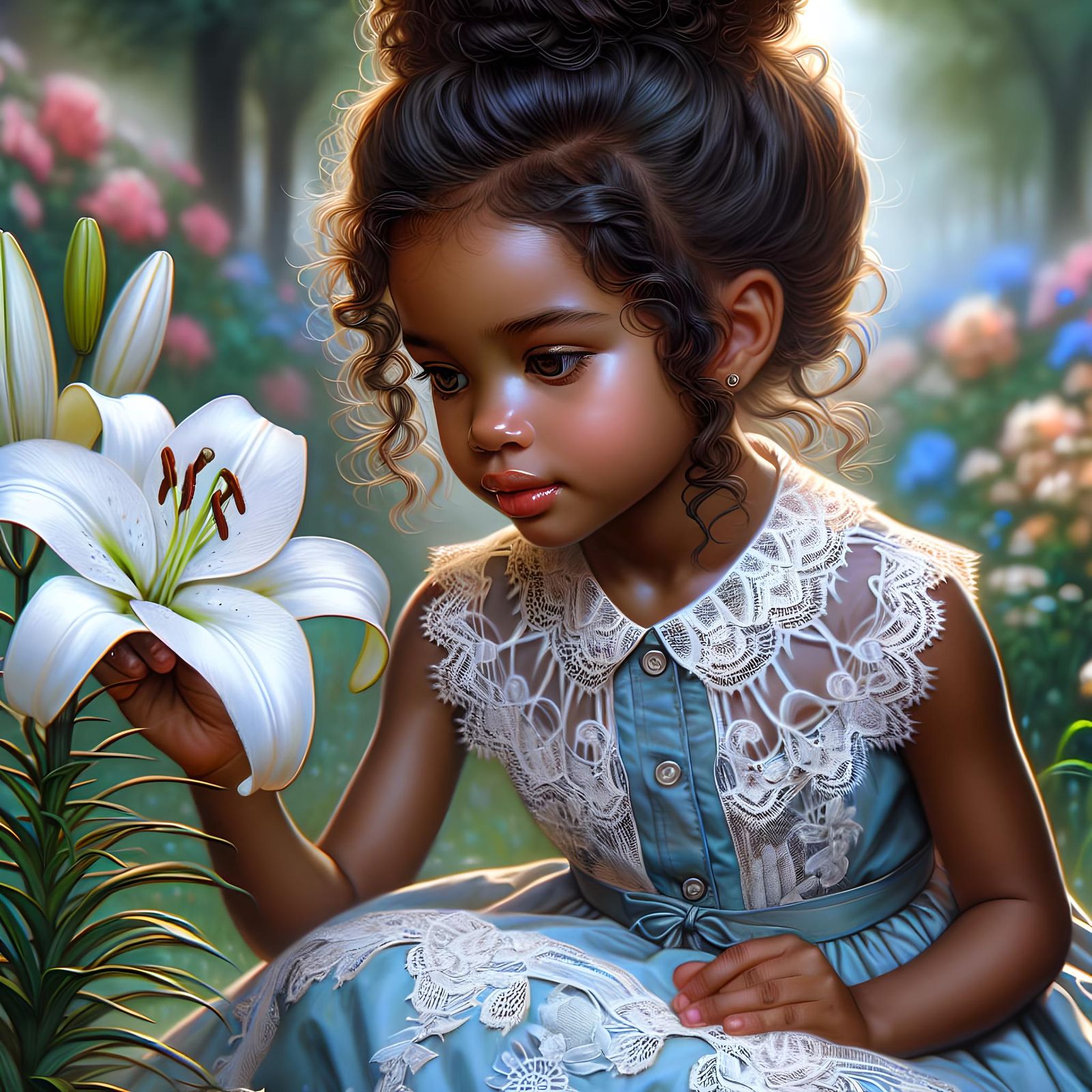 Girl Tending Lily in Garden: Digital Airbrush Oil Painting