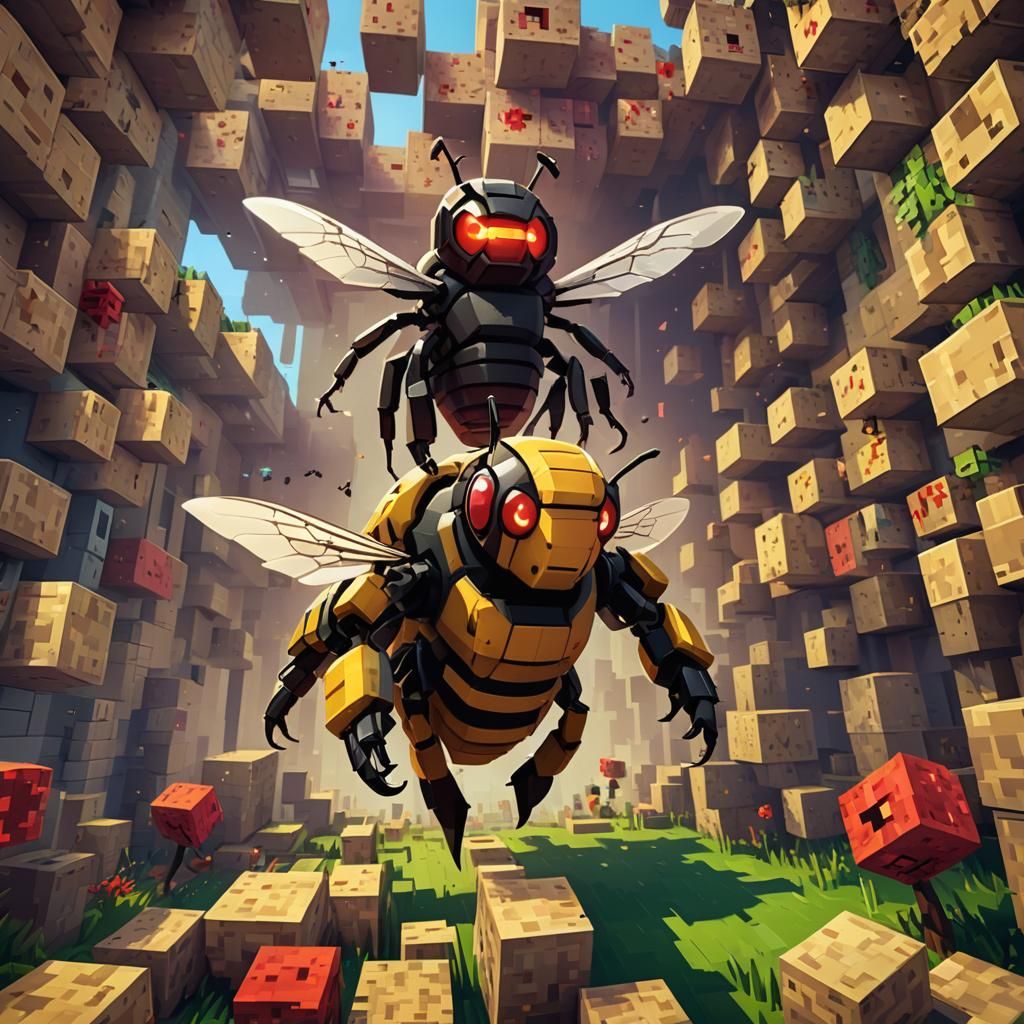 Giant Minecraft Bee Chasing Player in Digital Painting