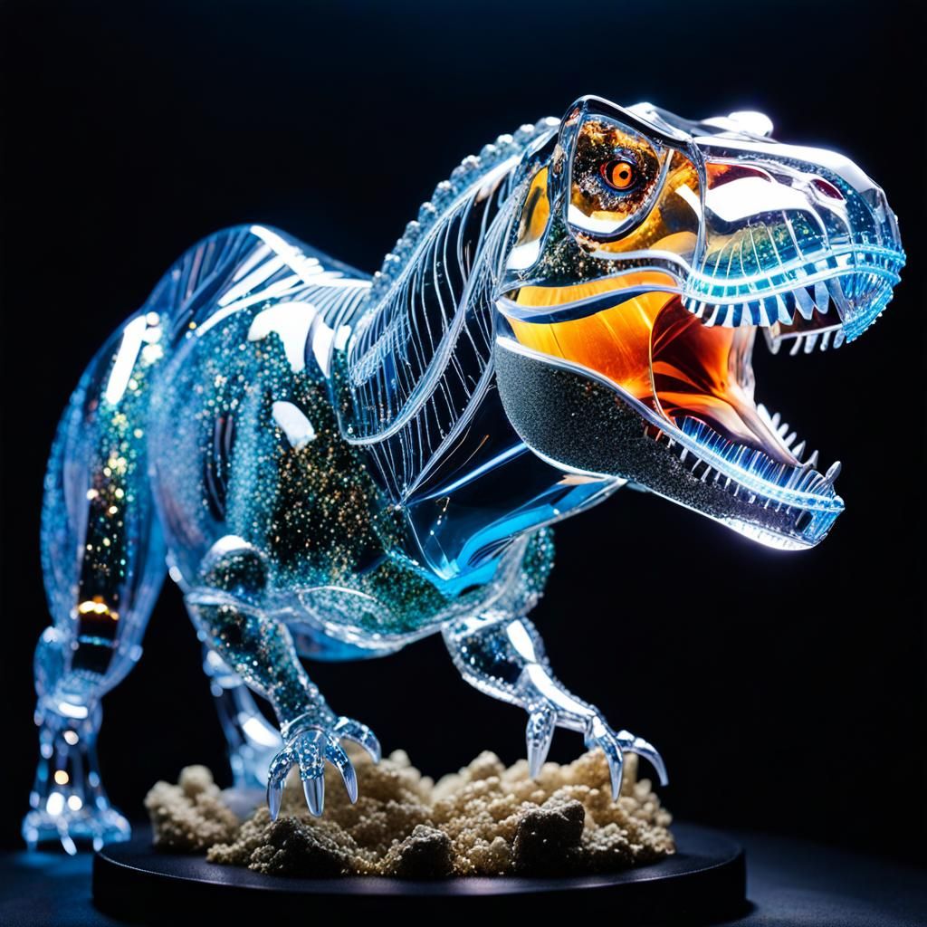 Bioluminescent Crystal T-Rex Sculpture in Dynamic Colors