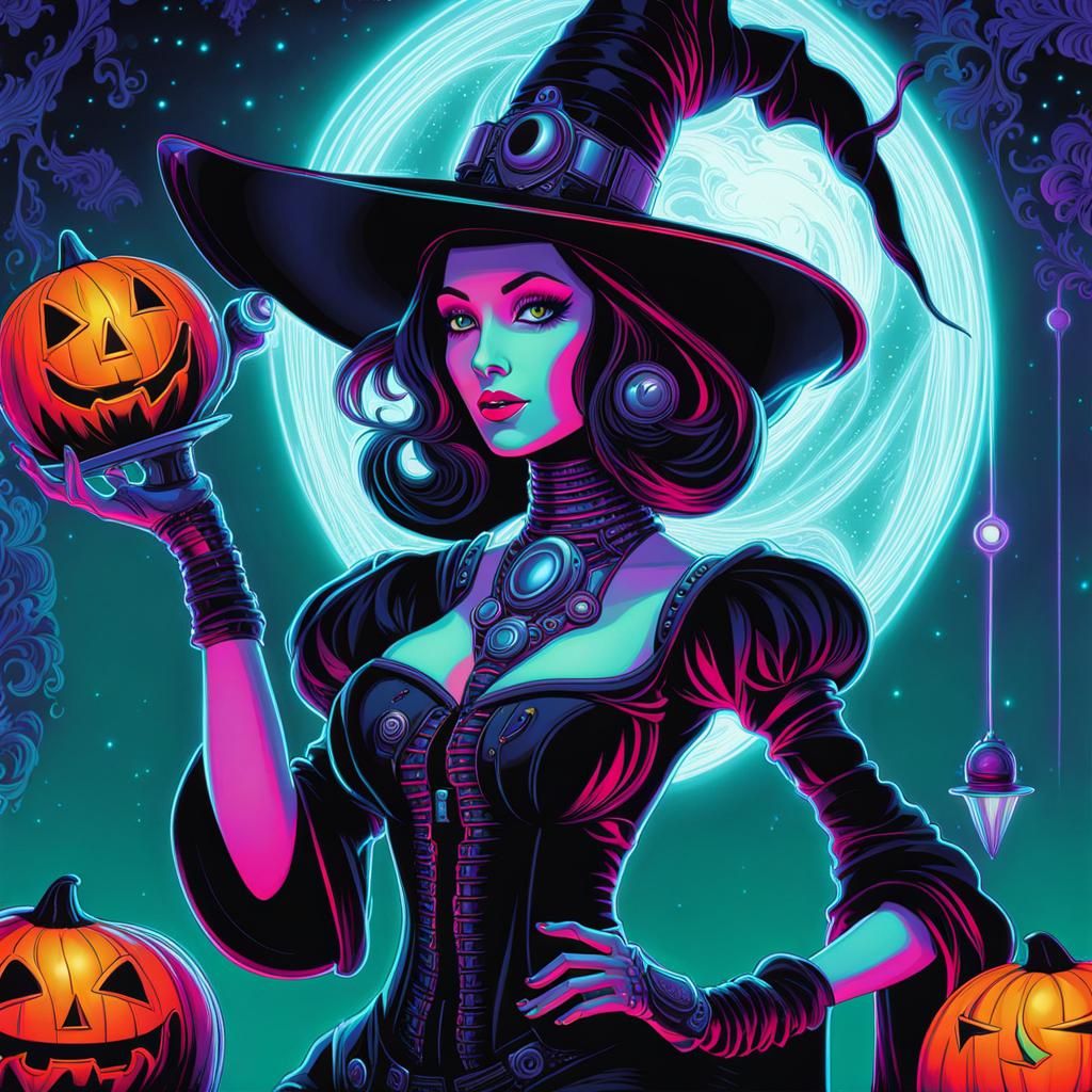 Robotic Witch in Psychedelic UV Poster Style